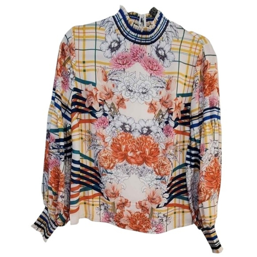 Jealous Tomato Floral Plaid Long Sleeve Mock‎ Neck Blouse Top Statement Print Sm